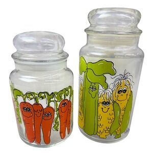 Vintage Hildi Glass Canister Set 2pc Anthropomorphic Vegetables Carrots Corn 70s